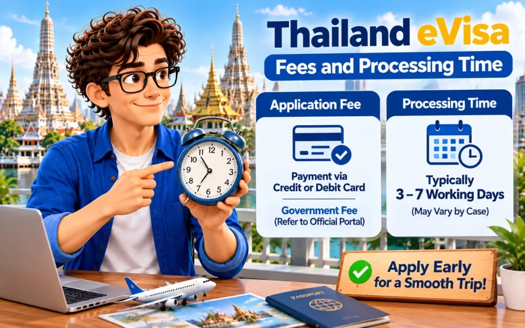 Thailand eVisa fees and processing time illustrated by Victor with application fee and calendar information panels