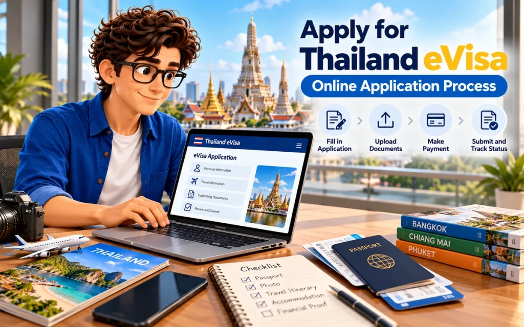 Victor reviewing the Thailand eVisa online application process on a laptop