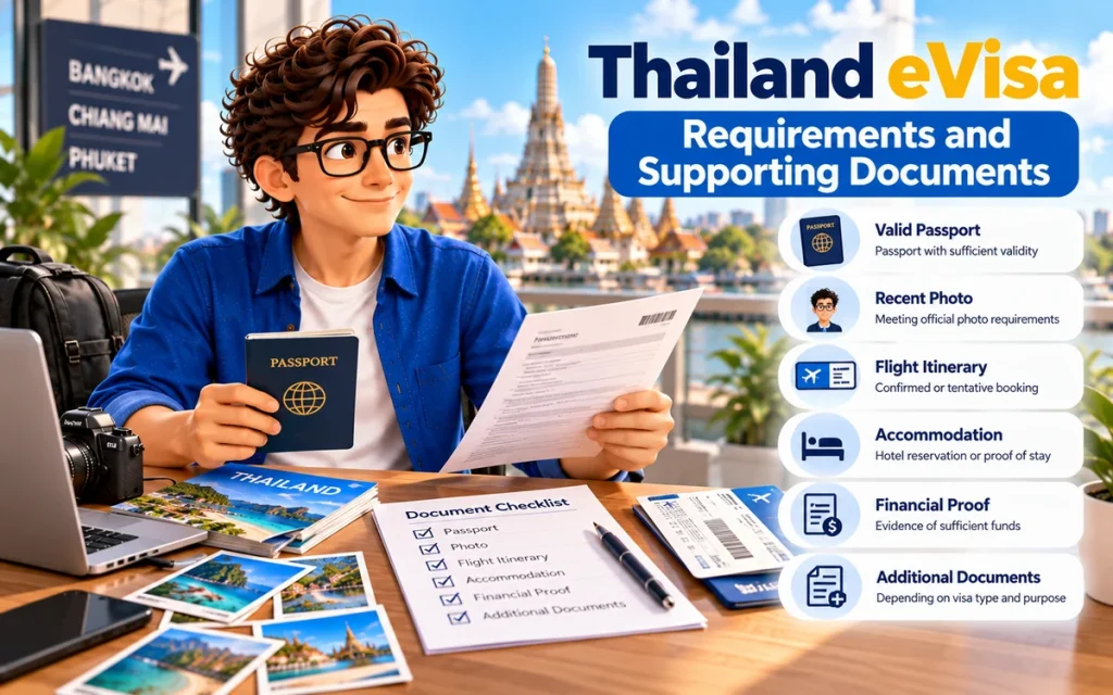 Thailand eVisa requirements and supporting documents checklist with Victor reviewing travel documents