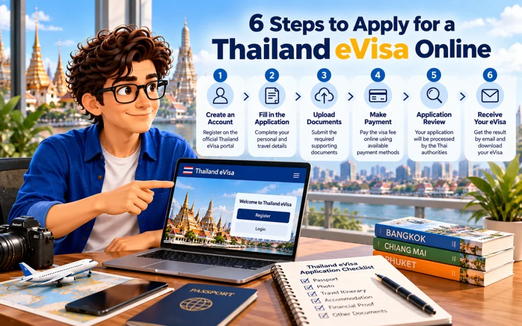 Six steps to apply for a Thailand eVisa online, illustrated by Victor with a laptop and application checklist